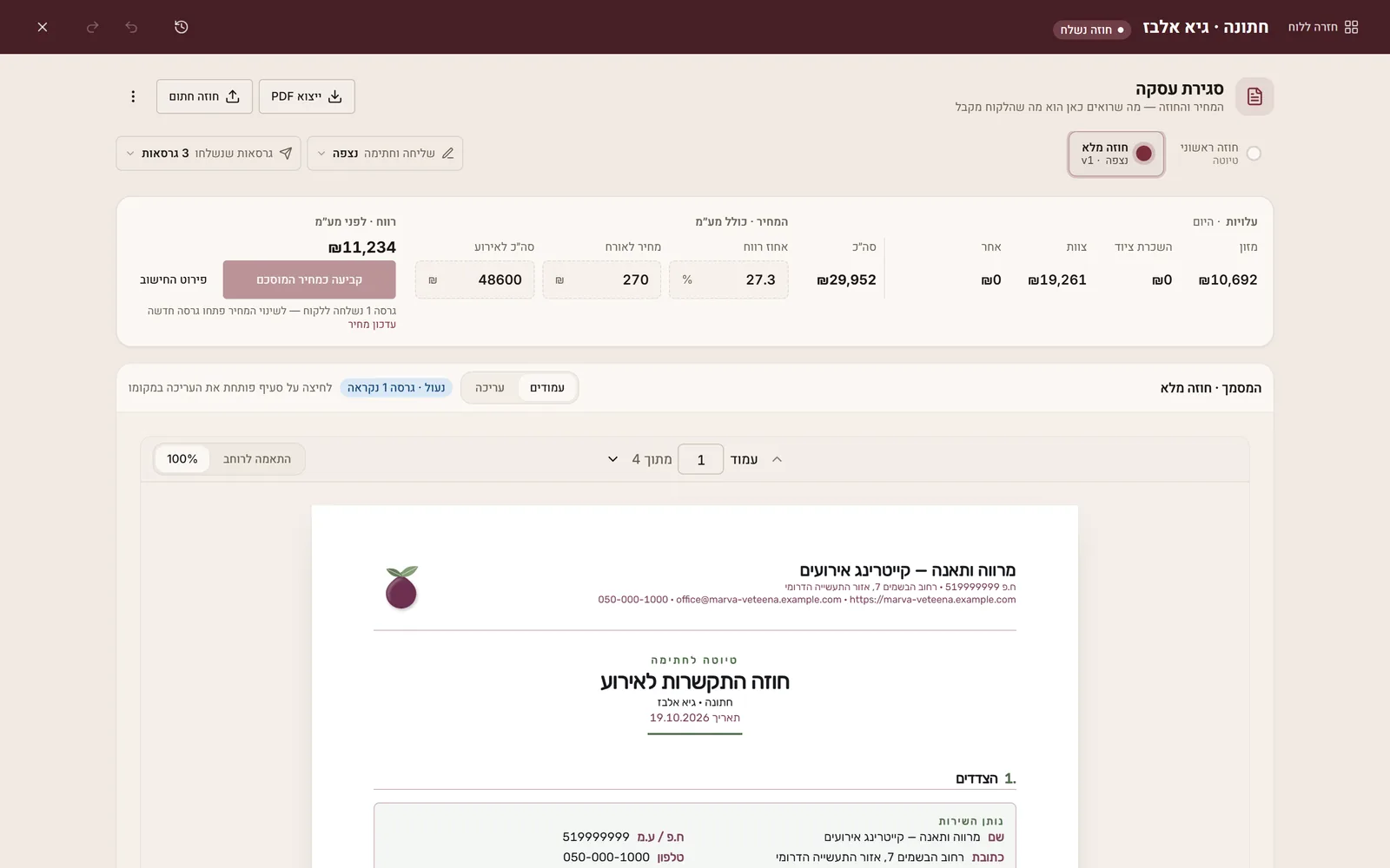 מסך «סגירת עסקה» לחתונה של גיא אלבז: עלות מזון ₪10,692, צוות ₪19,261 וסה״כ עלות ₪29,952, ₪270 לאורח, ₪48,600 לאירוע כולל מע״מ, אחוז רווח 27.3% ורווח של ₪11,234 לפני מע״מ. מתחת, תצוגה מקדימה של חוזה ההתקשרות עם הלוגו של העסק.